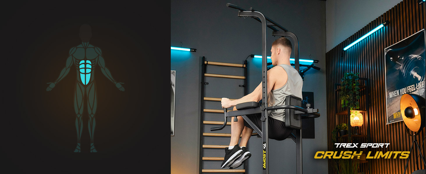 Mann trainiert auf einer Dip Station &amp; Klimmzugstange freistehend Trex sport TX-150PR