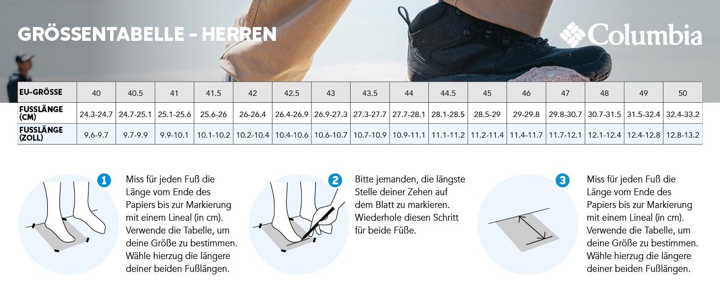 columbia; größentabelle; größe messen