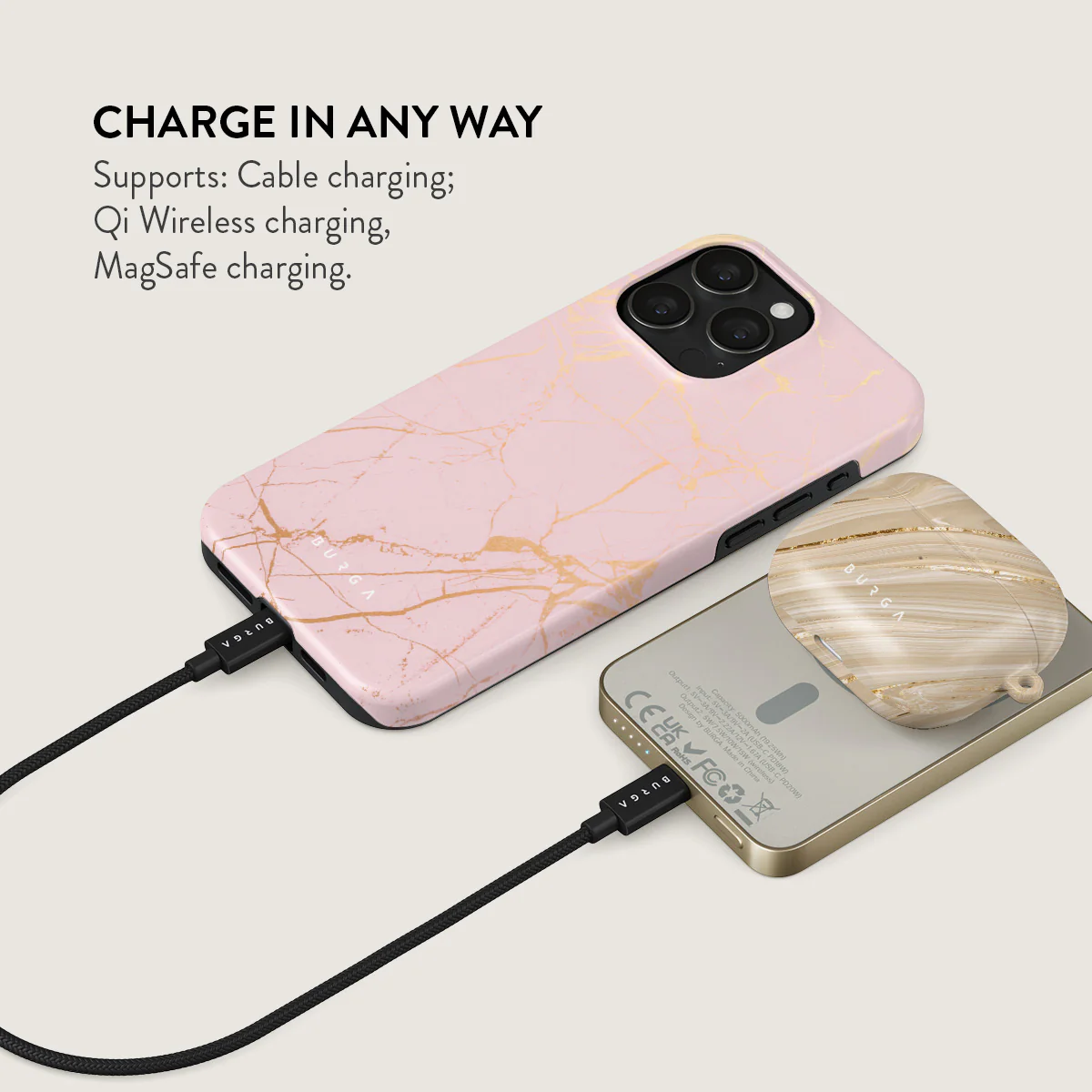 Peachy Gold - Pink Marble Magnetic Power Bank