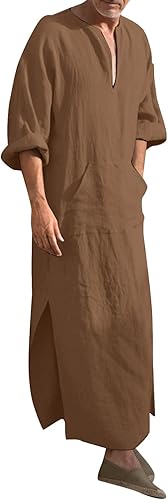 Caxndycing Kaftan Herren Jalabiya Herren Baumwolle Stehkragen Robe Arabische Kleidung Lang Muslimische Kleider Thobe Hemden Gebetskleidung für Männer Muslim Abaya Muslim Tunika