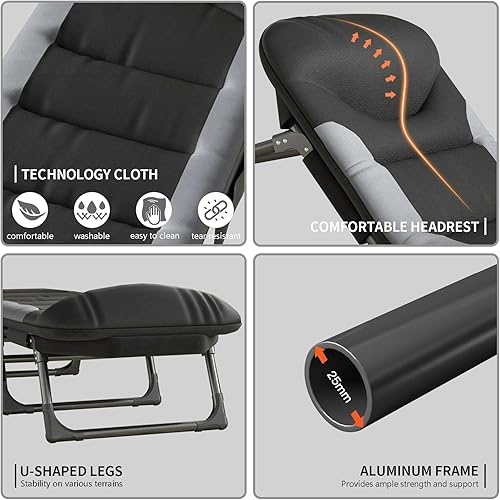 T-ZBDZ Feldbett Klappbar, Campingbett Faltbar mit Matratze, Campingliege Liegestuhl mit Tragetasche, 6-Fach Verstellbar, Klappbett Camping für Outdoor Reisen Garten Balkon Büro, Schwarz