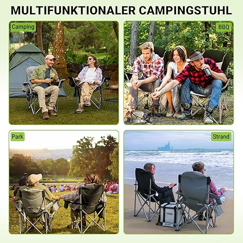 FUNDANGO Campingstuhl Faltbar Klappstuhl Camping Gepolstert mit Getränkehalter Kühltasche Camping Stuhl Sessel Hochlehner Verstellbarer Rückenlehne Gartenstuhl Anglerstuhl