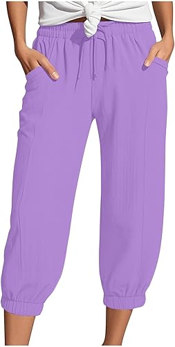 Generisch Musselin Hose Damen 3/4 Sommerhose 2025 High Waist Leichte Stoffhose Atmungsaktives Schnell Trocknend Strandhose Stretch Einfarbig Gerades Bein Caprihose Mit Kordelzug Und Taschen