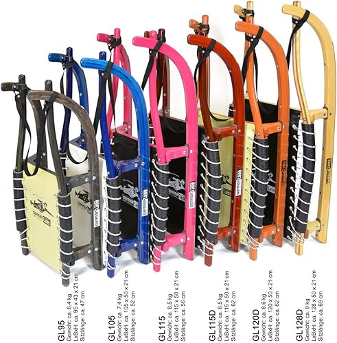 German Luge Freizeitrodel 128XL Natur verstärkt, breiter, Lenkriemen aus Gurtband Sitz schwarz