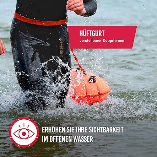 BTTLNS Schwimmboje 28L mit Tragegurte | Aufblasbare Triathlon Boje | Wasserdichter Rucksäcke | für Schwimmer und Triathleten | Höchst Sichtbar bei Freiwasser | Rucksackboje | Kronos 1.0 | Orange