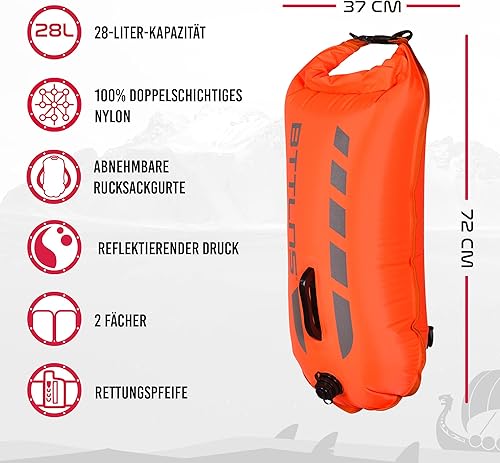 BTTLNS Schwimmboje 28L mit Tragegurte | Aufblasbare Triathlon Boje | Wasserdichter Rucksäcke | für Schwimmer und Triathleten | Höchst Sichtbar bei Freiwasser | Rucksackboje | Kronos 1.0 | Orange