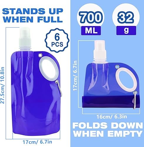 Faltbare Trinkflasche 700ML Trinkflasche Faltbar, 6 Stück Trinkbeutel Festival Wiederverwendbare Wasserbeutel, BPA-Freie Trinkbeutel Faltbare Wasserflasche mit Karabiner für Wander, Backpacking
