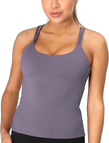 icyzone Damen Sport Top mit Integriertem BH - Longline Gepolsterter Yoga-BH Ohne Bügel, 2 in 1 Gym Fitness Tanktop