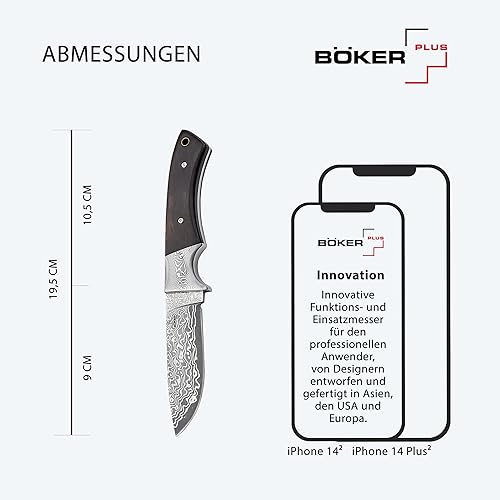 BÖKER PLUS® M-One Damast Jagdmesser - edles Damastmesser mit feststehender Klinge & Leder-Scheide - Fahrtenmesser mit Eben-Holz Griff - Damaszener Outdoor Messer in Geschenk-Box
