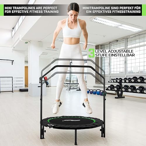 Physionics® Fitness Trampolin - Ø 101cm, höhenverstellbarer Haltegriff, klappbar, 150kg, faltbar, Indoor/Outdoor, Rot/Grün/Blau - Mini-Trampolin, Erwachsene/Kinder, Jumping, Training, Rebounder
