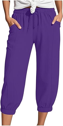 Generisch Musselin Hose Damen 3/4 Sommerhose 2025 High Waist Leichte Stoffhose Atmungsaktives Schnell Trocknend Strandhose Stretch Einfarbig Gerades Bein Caprihose Mit Kordelzug Und Taschen