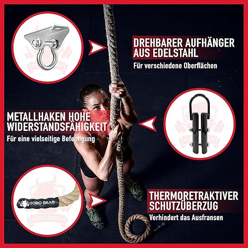 TORO GEAR | 38 Millimeter Juteseil zum Klettern, 3-6 Meter | Kletterseil mit Karabinerhaken und Aufhänger für Crossfit, Fitness, Fitnessstudios und Feuerwehrtraining (38 mm X 6 m)