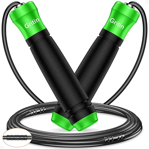 Gritin Springseil, Speed Rope Verstellbar mit Rutschfest & Ergonomisch Griffe, 3 Meter Länge Einstellbar Seil mit Skalenmarkierung, für Fitness & Ausdauer & Seilspringen, inkl. Längenversteller