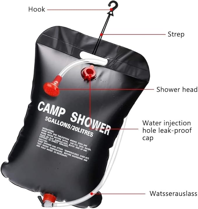 DASIAUTOEM Tragbare Solar Heizung Camping Dusche Tasche, Solardusche Camping Solar Dusche Tasche Outdoor Warmwasser Duschsack, mit Duschkopf und Schlauch für Outdoor Gartendusche Reisedusche