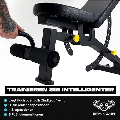 BRAINGAIN Verstellbare Hantelbank mit 9 Positionen - Klappbare Trainingsbank für Heim-Fitnessstudio - Hantelbank für Bankdrücken - Fitnessgeräte für zu Hause