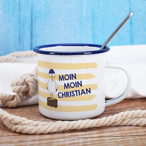 Herz & Heim® Maritime Emaille Tasse mit Namen - Moin Moin