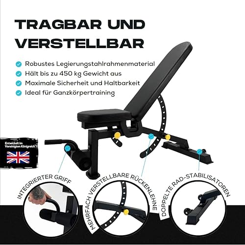 BRAINGAIN Verstellbare Hantelbank mit 9 Positionen - Klappbare Trainingsbank für Heim-Fitnessstudio - Hantelbank für Bankdrücken - Fitnessgeräte für zu Hause