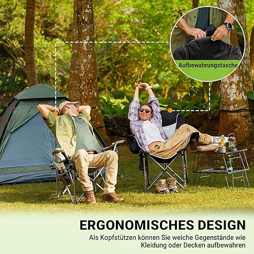 FUNDANGO Campingstuhl Faltbar Klappstuhl Camping Gepolstert mit Getränkehalter Kühltasche Camping Stuhl Sessel Hochlehner Verstellbarer Rückenlehne Gartenstuhl Anglerstuhl