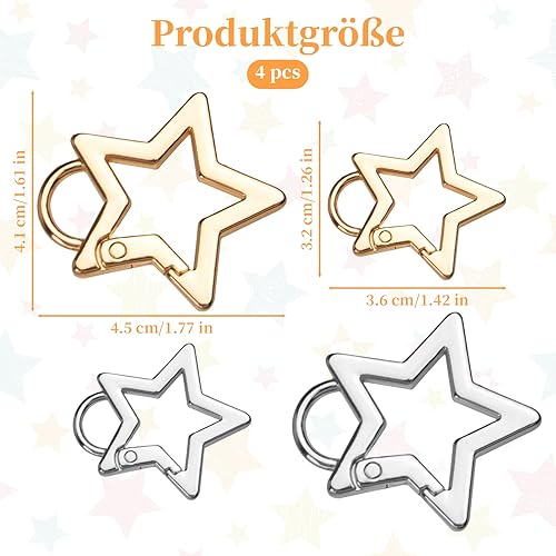 4 Stück Sternkarabiner,Robuster Mini-Sternförmiger Schlüsselanhänger Clip aus Zinklegierung,Coole Sternförmiger Karabinerclip,Karabiner Clip für Camping,Wandern,Angeln,Reisen (Gold,Silber)