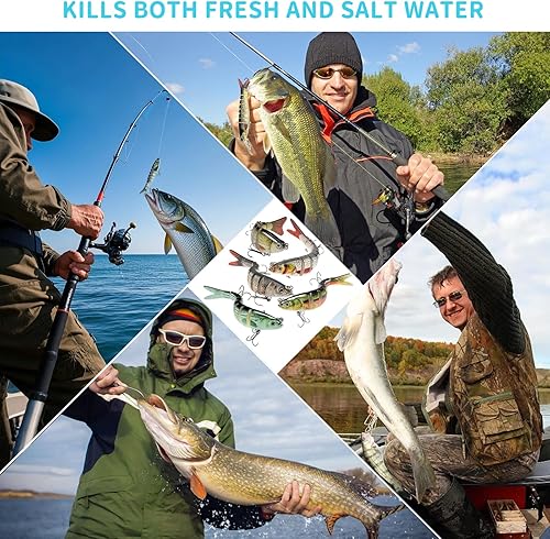 HYran Angelköder, 5 Stück Wobbler Hecht Köder, Barsch Köder, Angelköder für Süßwasser, Swimbait, Jerkbait Hecht mit 2 Drillingshaken und Fischköder Box, für Männer Familien-Angelausrüstung