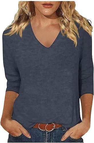 3/4 Arm Shirt Damen, Damen Tshirt Sommer Schwarz V Ausschnitt Dreiviertel Arm Shirt Grosse Grössen Einfarbig Women's T-Shirts Pullover Dreiviertelarm Tshirts T Shirts Sommershirt