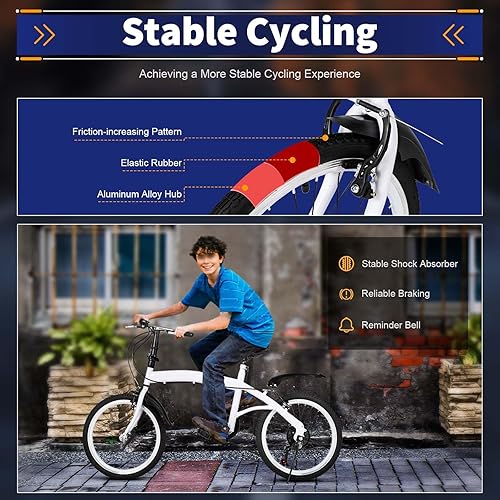 20 Zoll Klapprad Fahrräder, 6 Gang Faltbares Stadtrad Für Erwachsene, Höhenverstellbares Camping Bike Mit Verstellbare, Fahrrad Erwachsene Bis Tragfähigkeit 90KG Weiß