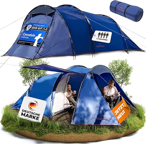 trailvista® Zelt 4 Personen wasserdicht 3000mm – Tunnelzelt mit Vorzelt & Moskitoschutz – Leicht aufzubauen, Outdoor Campingzelt für Festival & Trekking
