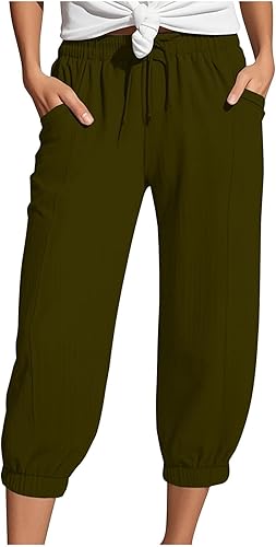Generisch Musselin Hose Damen 3/4 Sommerhose 2025 High Waist Leichte Stoffhose Atmungsaktives Schnell Trocknend Strandhose Stretch Einfarbig Gerades Bein Caprihose Mit Kordelzug Und Taschen