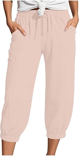 Generisch Musselin Hose Damen 3/4 Sommerhose 2025 High Waist Leichte Stoffhose Atmungsaktives Schnell Trocknend Strandhose Stretch Einfarbig Gerades Bein Caprihose Mit Kordelzug Und Taschen