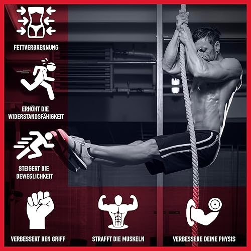 TORO GEAR | 38 Millimeter Juteseil zum Klettern, 3-6 Meter | Kletterseil mit Karabinerhaken und Aufhänger für Crossfit, Fitness, Fitnessstudios und Feuerwehrtraining (38 mm X 6 m)