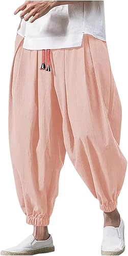 Haremshose Herren Baumwolle Leinen Hose Männer Einfarbige Freizeithose Bequeme Atmungsaktive Pumphose Stretch Sommer Aladinhose Pluderhose Leichte Elastisches Jogging Yoga Sommerhose with Taschen