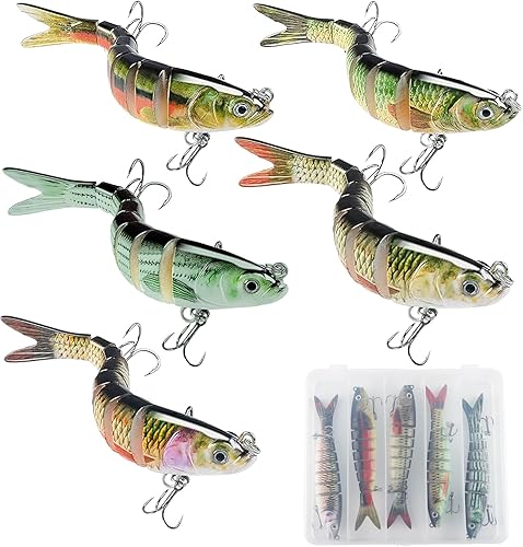 HYran Angelköder, 5 Stück Wobbler Hecht Köder, Barsch Köder, Angelköder für Süßwasser, Swimbait, Jerkbait Hecht mit 2 Drillingshaken und Fischköder Box, für Männer Familien-Angelausrüstung