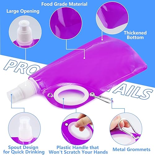 Faltbare Trinkflasche 700ML Trinkflasche Faltbar, 6 Stück Trinkbeutel Festival Wiederverwendbare Wasserbeutel, BPA-Freie Trinkbeutel Faltbare Wasserflasche mit Karabiner für Wander, Backpacking