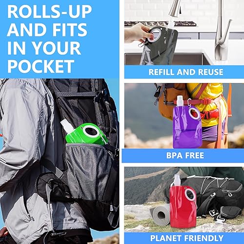 Faltbare Trinkflasche 700ML Trinkflasche Faltbar, 6 Stück Trinkbeutel Festival Wiederverwendbare Wasserbeutel, BPA-Freie Trinkbeutel Faltbare Wasserflasche mit Karabiner für Wander, Backpacking