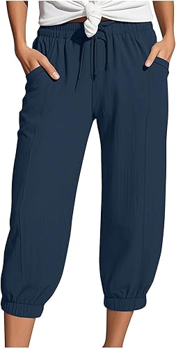 Generisch Musselin Hose Damen 3/4 Sommerhose 2025 High Waist Leichte Stoffhose Atmungsaktives Schnell Trocknend Strandhose Stretch Einfarbig Gerades Bein Caprihose Mit Kordelzug Und Taschen