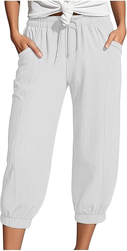 Generisch Musselin Hose Damen 3/4 Sommerhose 2025 High Waist Leichte Stoffhose Atmungsaktives Schnell Trocknend Strandhose Stretch Einfarbig Gerades Bein Caprihose Mit Kordelzug Und Taschen