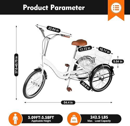 BJTDLLX 20 Zoll Dreirad für Erwachsene Deluxe 3-Räder Fahrrad Weiß 1-Gänge Menschen Dreirad City Tricycle mit Einkaufskorb