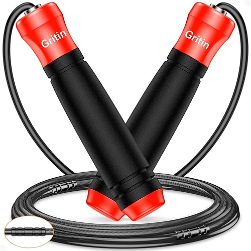 Gritin Springseil, Speed Rope Verstellbar mit Rutschfest & Ergonomisch Griffe, 3 Meter Länge Einstellbar Seil mit Skalenmarkierung, für Fitness & Ausdauer & Seilspringen, inkl. Längenversteller