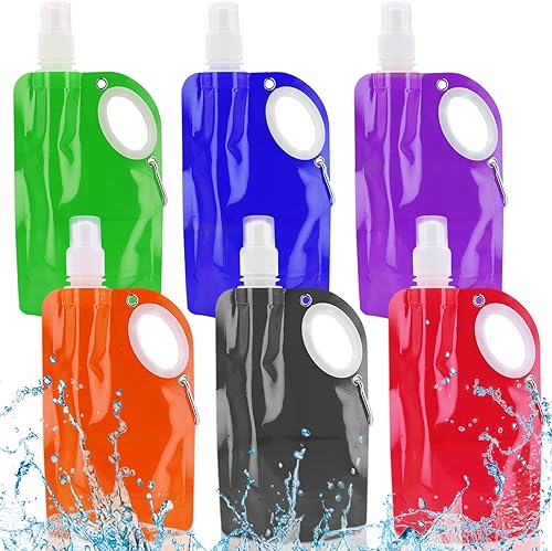 Faltbare Trinkflasche 700ML Trinkflasche Faltbar, 6 Stück Trinkbeutel Festival Wiederverwendbare Wasserbeutel, BPA-Freie Trinkbeutel Faltbare Wasserflasche mit Karabiner für Wander, Backpacking
