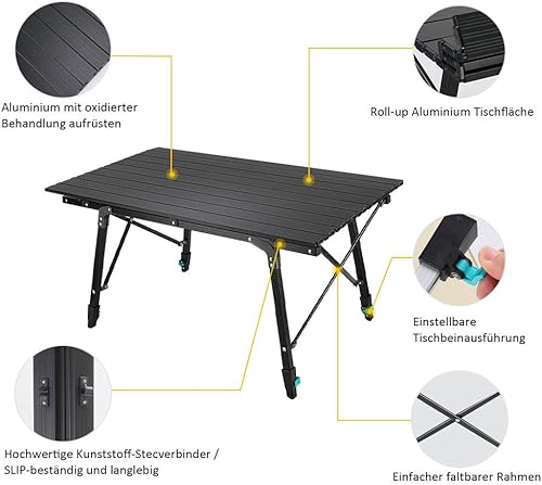 Synlyn Tragbar Campingtisch Klapptisch 90 x 52 x (45-67) cm Aluminium Camping Tisch Falttisch Reisetisch für Camping Outdoor Picknick BBQ Wandern Reise Angeln - Silber, Schwarz