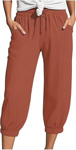 Generisch Musselin Hose Damen 3/4 Sommerhose 2025 High Waist Leichte Stoffhose Atmungsaktives Schnell Trocknend Strandhose Stretch Einfarbig Gerades Bein Caprihose Mit Kordelzug Und Taschen