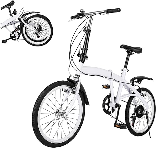 20 Zoll Klapprad Fahrräder, 6 Gang Faltbares Stadtrad Für Erwachsene, Höhenverstellbares Camping Bike Mit Verstellbare, Fahrrad Erwachsene Bis Tragfähigkeit 90KG Weiß