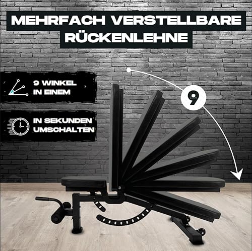 BRAINGAIN Verstellbare Hantelbank mit 9 Positionen - Klappbare Trainingsbank für Heim-Fitnessstudio - Hantelbank für Bankdrücken - Fitnessgeräte für zu Hause