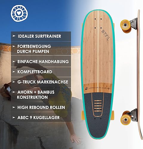 BTFL Surfskate Board Ideales Surftraining für Balance, Carving & Pumping. Komplett Surf-Skateboard mit G-Truck Surfskate Achse und Rollen für Anfänger und Fortgeschrittene: Sol, Cody, Moby & Aurelia