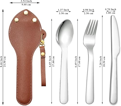 Berglander tragbares Camping Besteck Set 3-teiliges mit Lederbeutel leicht in der Tasche zu tragen, Edelstahlmesser, Löffel und Gabel Set perfekt für Schule, Arbeit, Bauernhof, Picknick, Reisen
