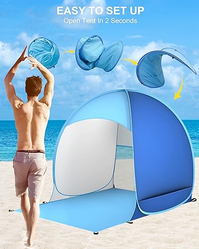 Strandmuschel Pop Up, Strandzelt für 3-4 Personen, Strandmuschel Baby UV Schutz, Tragbar Extra Light Strandzelt, für Familie Strand Camping, Wanderausflug, Garten, Grillparty