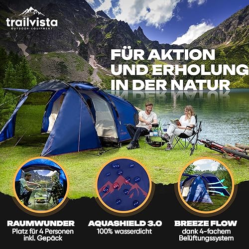 trailvista® Zelt 4 Personen wasserdicht 3000mm – Tunnelzelt mit Vorzelt & Moskitoschutz – Leicht aufzubauen, Outdoor Campingzelt für Festival & Trekking