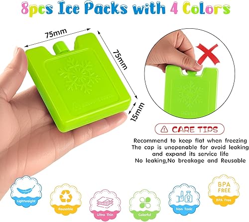 Agoer Kühlakkus für Kühlbox 4 Farben, 6/8/12 Stück Mini Kühlakku 7.5 x 7.5cm - Kleine Kühlpads Ice Packs Kühlpack für Brotdose Lunchbox Kühlbox
