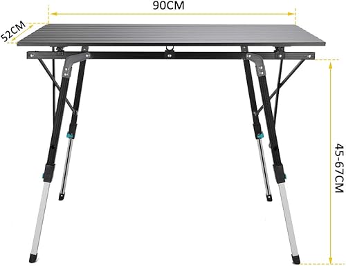 Synlyn Tragbar Campingtisch Klapptisch 90 x 52 x (45-67) cm Aluminium Camping Tisch Falttisch Reisetisch für Camping Outdoor Picknick BBQ Wandern Reise Angeln - Silber, Schwarz