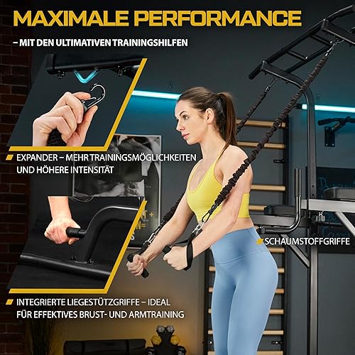 TREX SPORT Power Tower TX-150PR | Dip Station & Klimmzugstange freistehend |Multifunktionaler Kraftturm mit Expandern |Fitness Kraftstation bis 150 kg